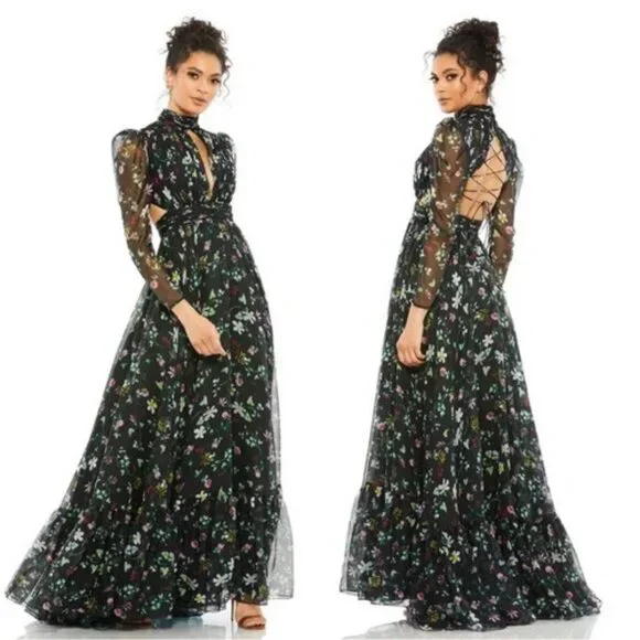 Mac Duggal Black Multi Floral Long Sleeve Lace Up Back Chiffon Gown